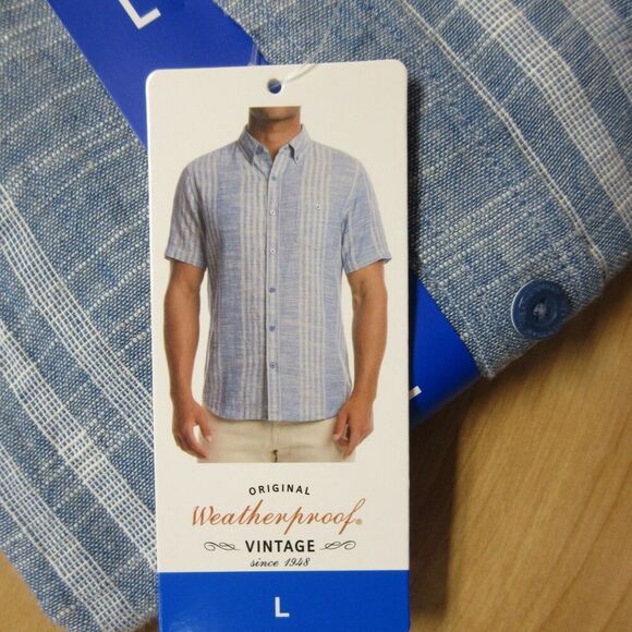 WEATHERPROOF VINTAGE Linen Blend Blue Stripe Shirt Mens L Short Sleeve Woven NWT - Picture 1 of 7